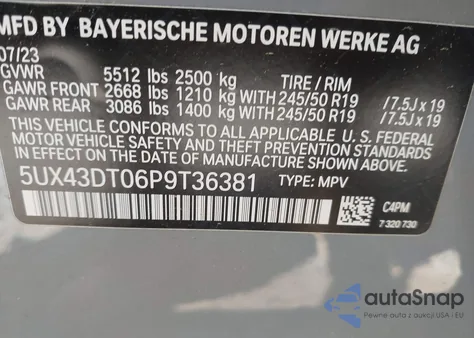 2023 BMW X4 M40I from USA, damaged, VIN 5UX43DT06P9T36381